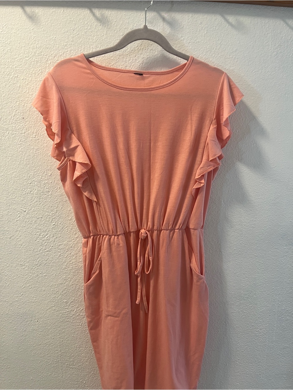 Women's Peach Ruffle Sleeve Drawstring Dress